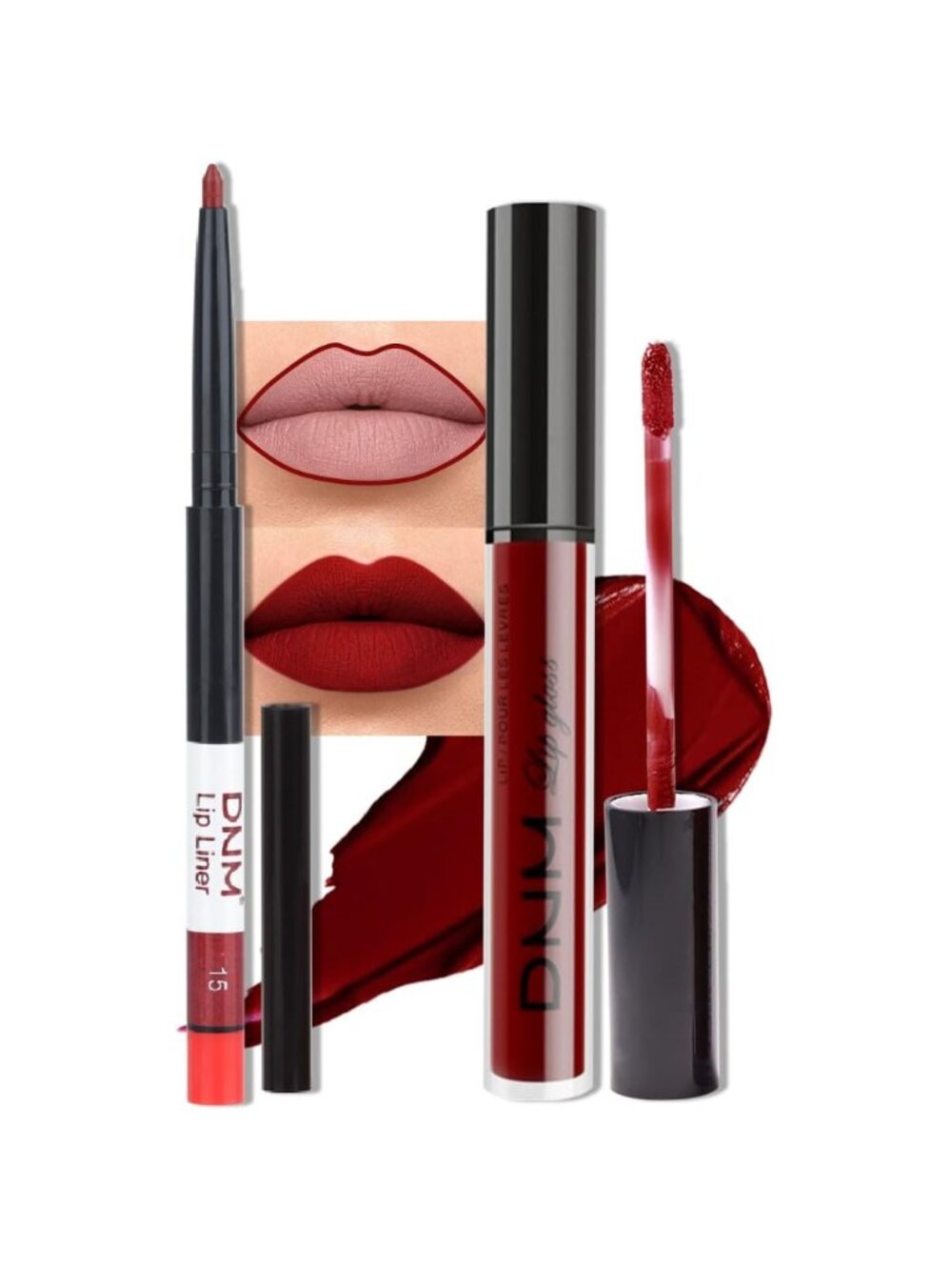 DNM 15# Dark Red 2Pcs 24H Long-Lasting Matte Liquid Lipstick and Lip Liner Set